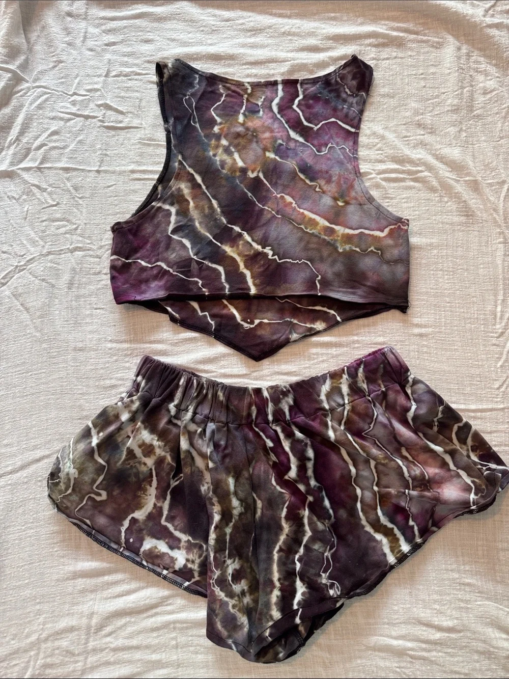 Hand dyed Tie-Dye Purple High-Neck Crop Top & Shorts Set - Women